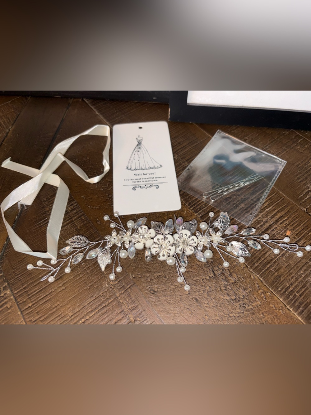 Bridal Ribbon Hairpiece with Pearls and Crystals - White